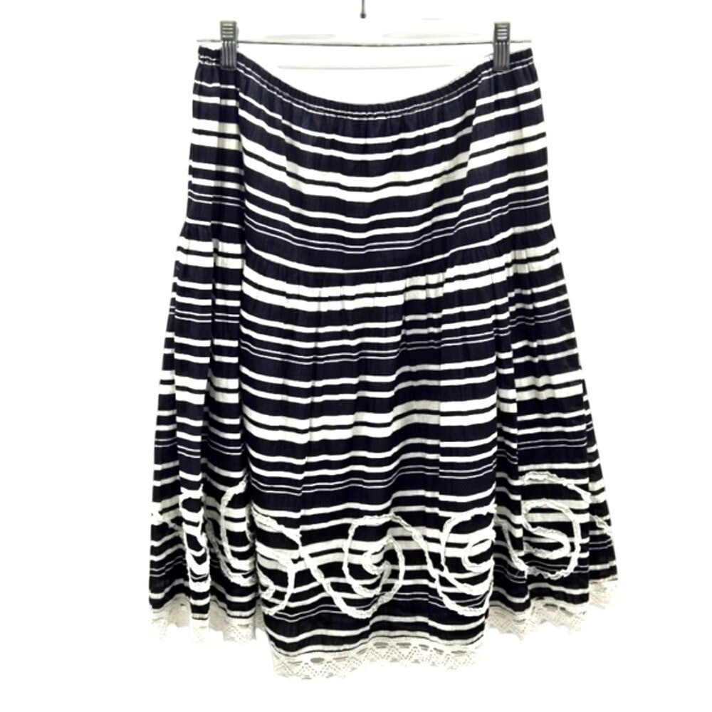 Striped Midi Skirt with Lace Trim, Black & White, Elastic Waist, Boho Chic